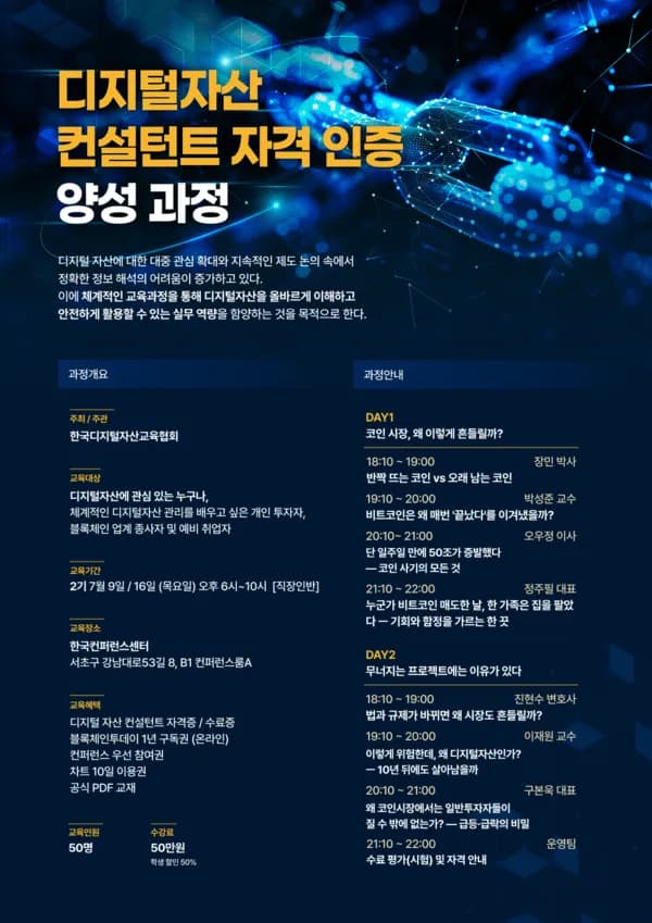 디지털자산 컨설턴트 자격증 1기 50명 완료… 2기 7월 9일·16일 한국컨퍼런스센터서 개최