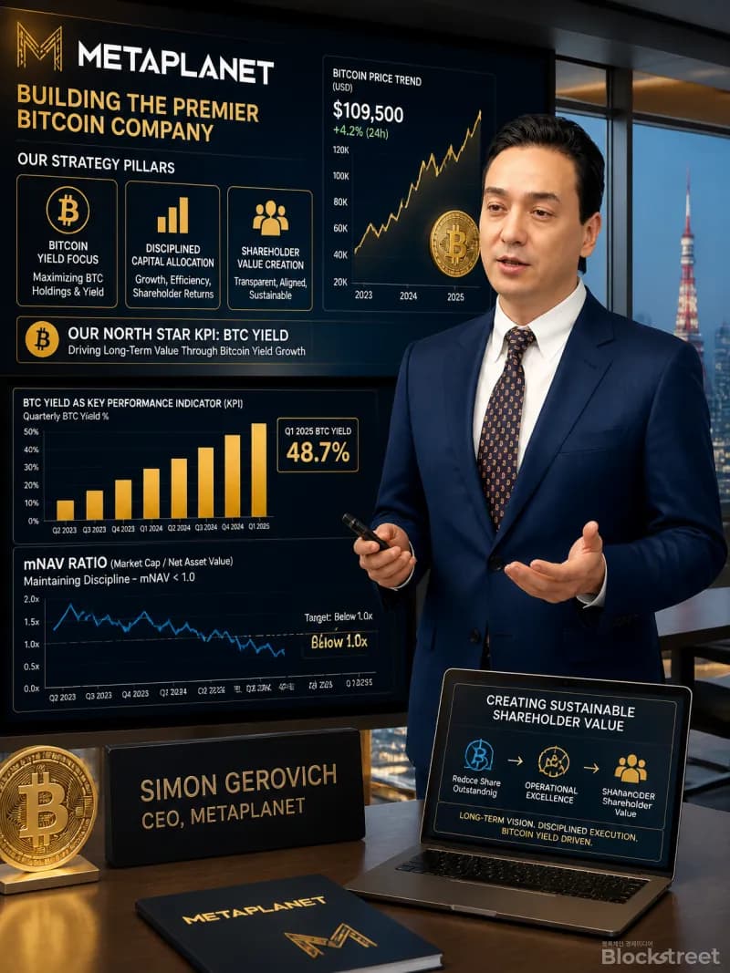 메타플래닛 CEO "BTC 수익률이 핵심 지표... mNAV 1 미만 시 자사주 매입" - 블록스트리트