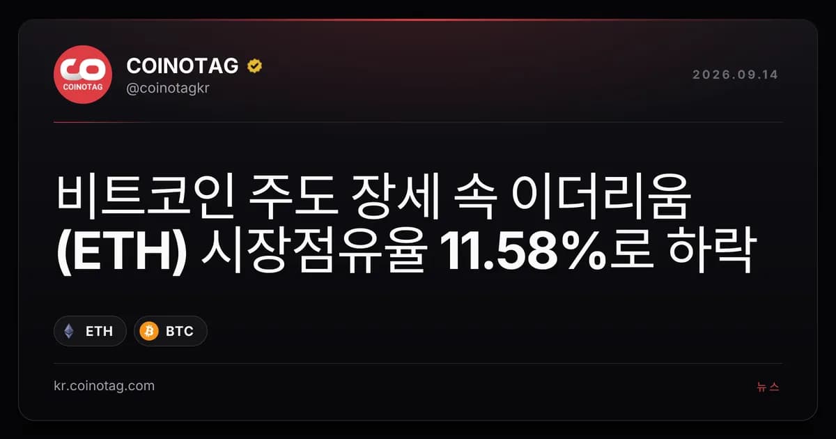 ๋นํธ์ฝ์ธ ์ฃผ๋ ์ฅ์ธ ์ ์ด๋๋ฆฌ์(ETH) ์์ฅ์ ์ ์จ 11.58%๋ก ํ๋ฝ