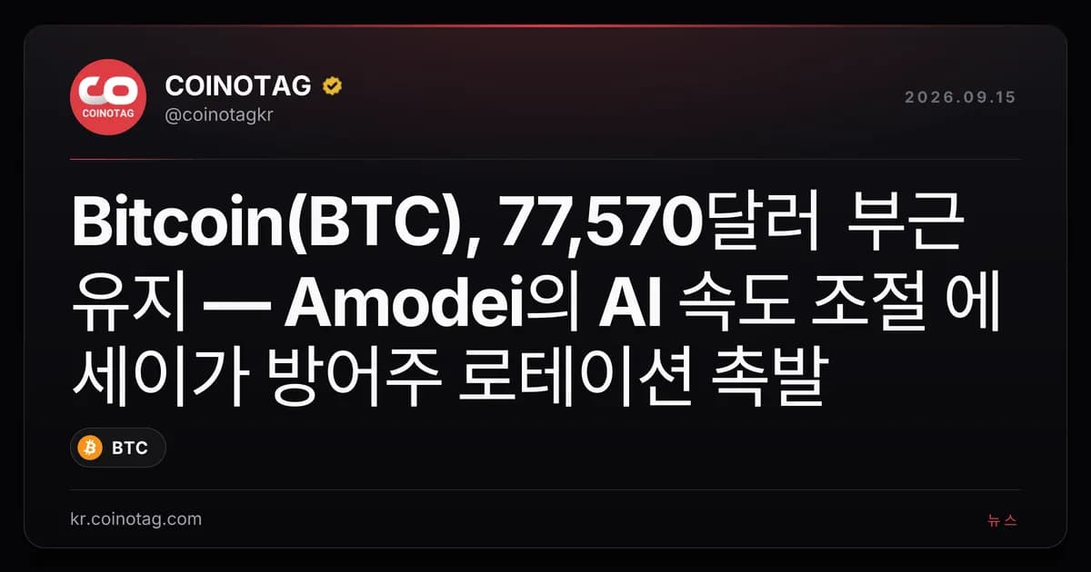 Bitcoin(BTC), 77,570달러 부근 유지 — Amodei의 AI 속도 조절 에세이가 방어주 로테이션 촉발