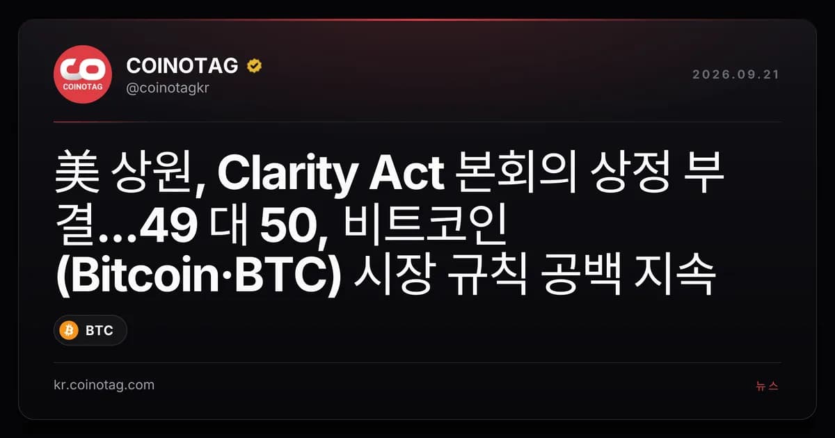 美 상원, Clarity Act 본회의 상정 부결...49 대 50, 비트코인(Bitcoin·BTC) 시장 규칙 공백 지속
