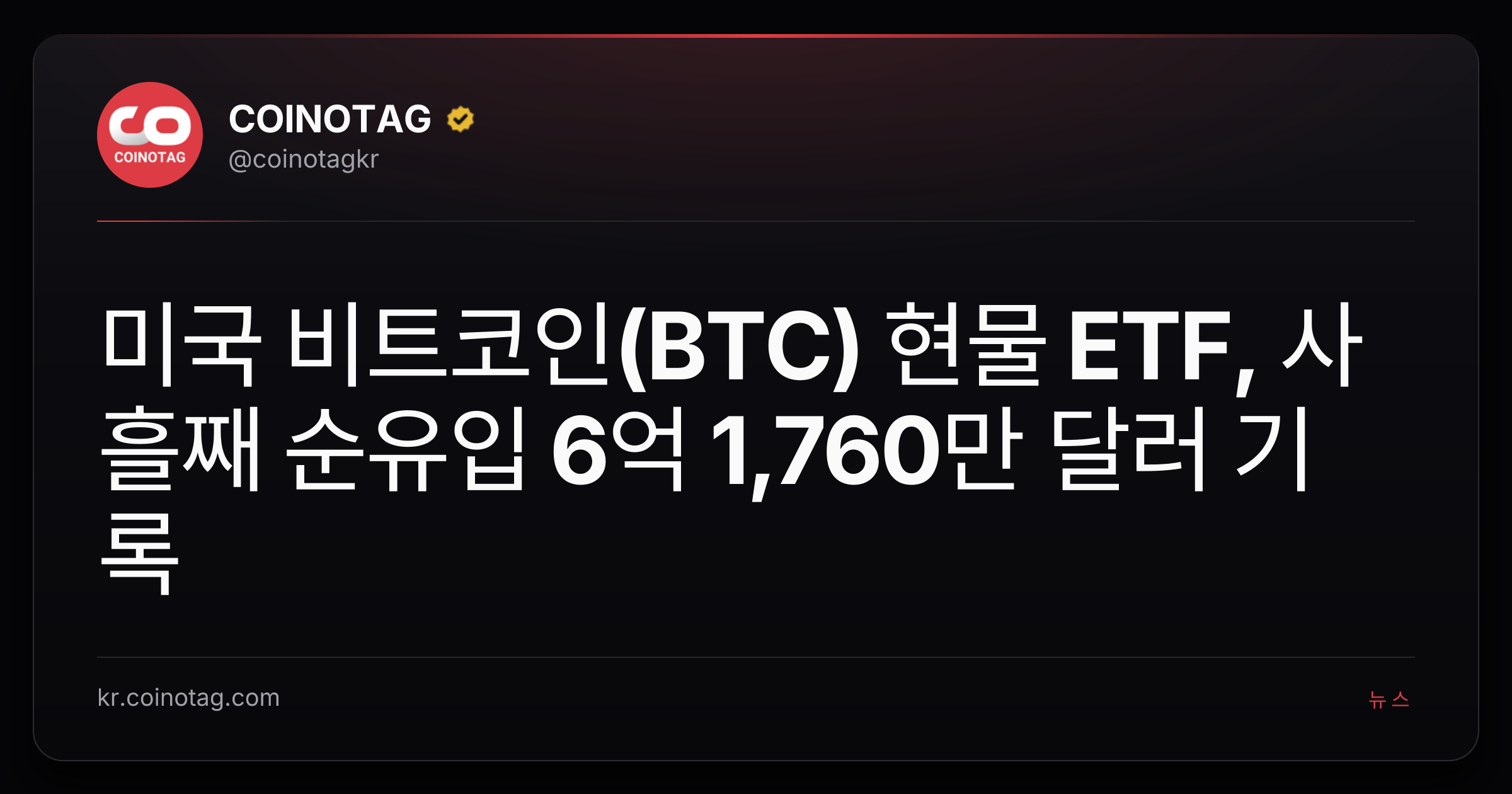 미국 비트코인(BTC) 현물 ETF, 사흘째 순유입 6억 1,760만 달러 기록