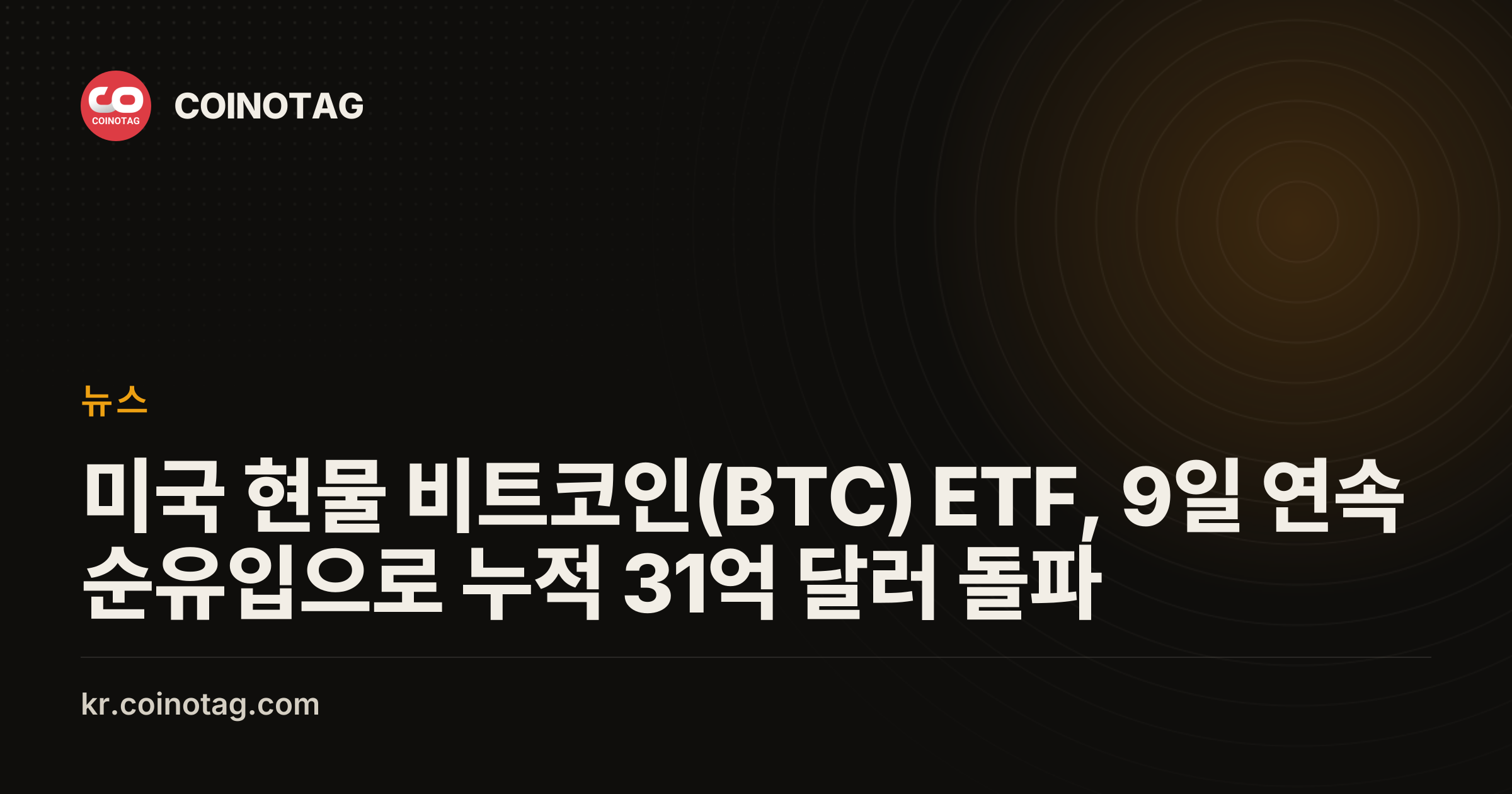 미국 현물 비트코인(BTC) ETF, 9일 연속 순유입으로 누적 31억 달러 돌파