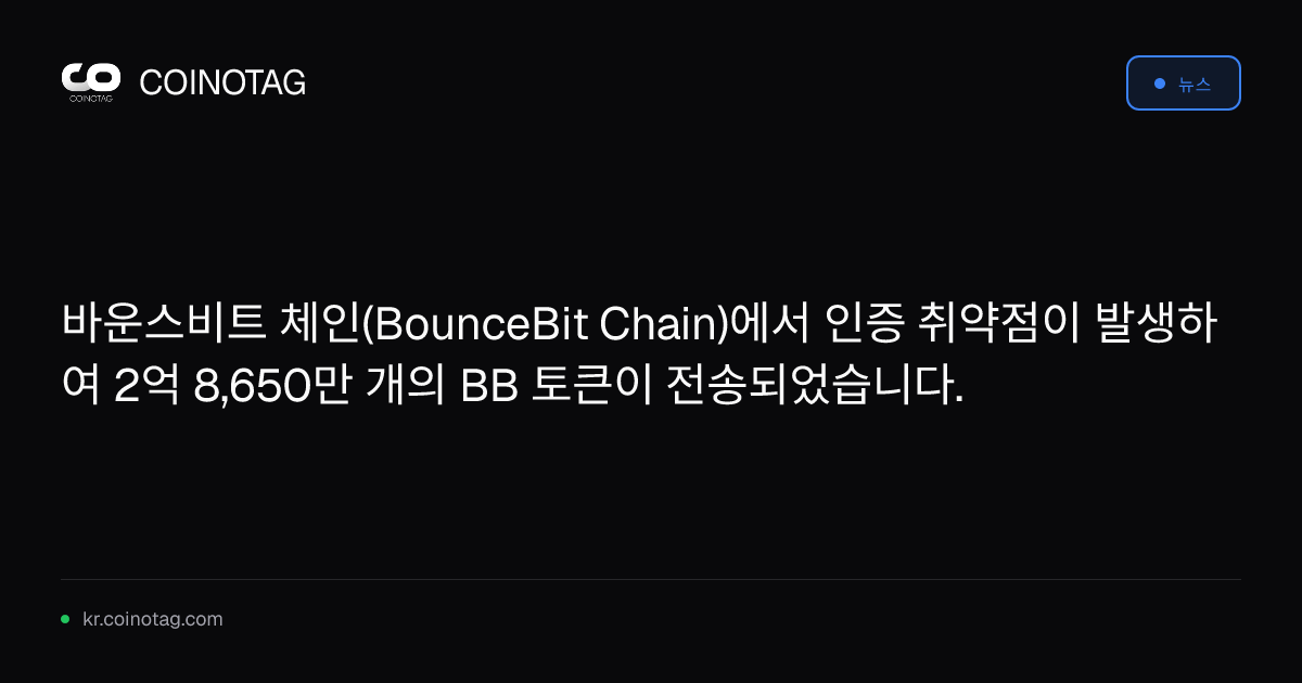 바운스비트 체인(BounceBit Chain)에서 인증 취약점이 발생하여 2억 8,650만 개의 BB 토큰이 전송되었습니다.