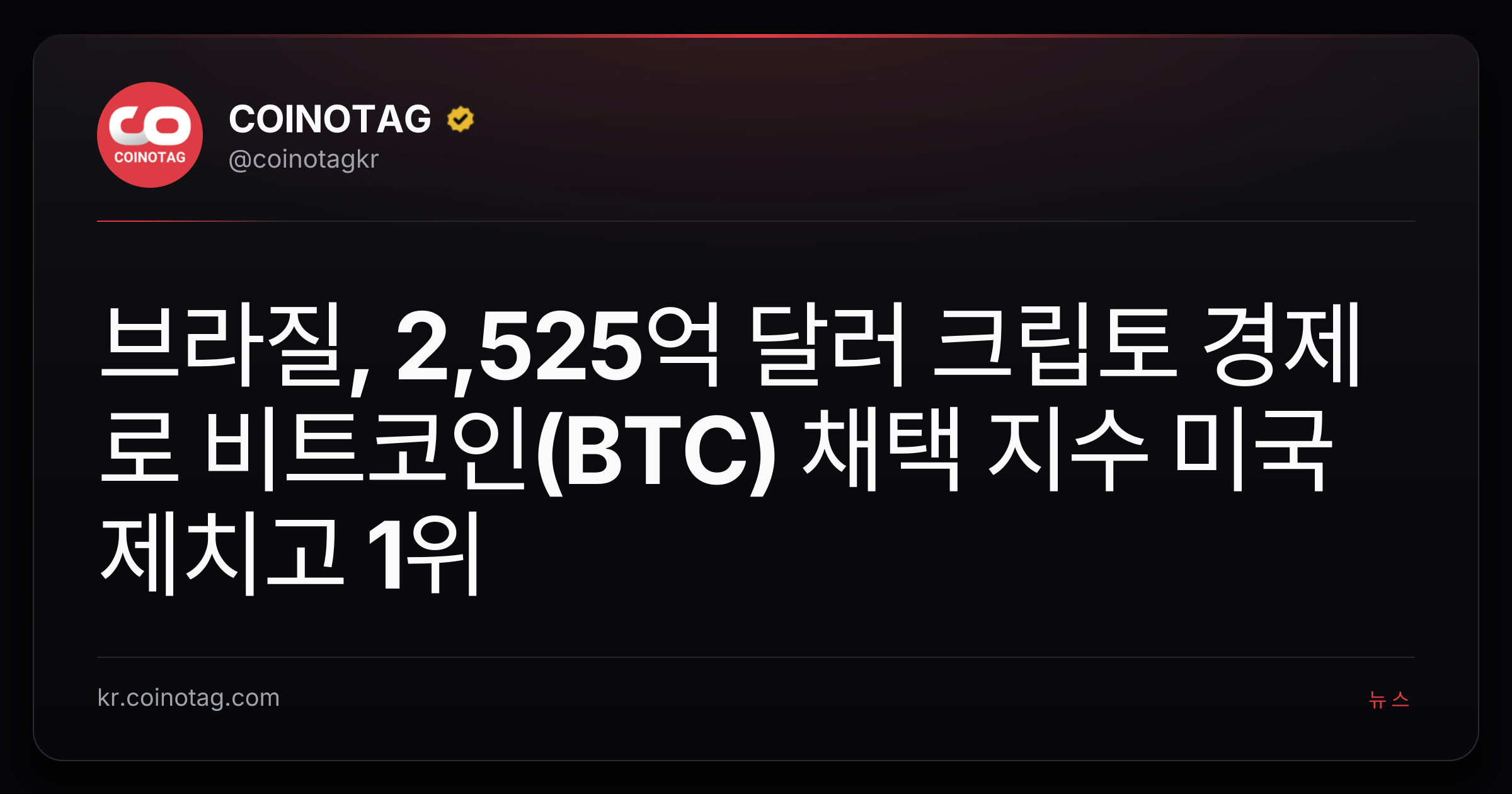 브라질, 2,525억 달러 크립토 경제로 비트코인(BTC) 채택 지수 미국 제치고 1위