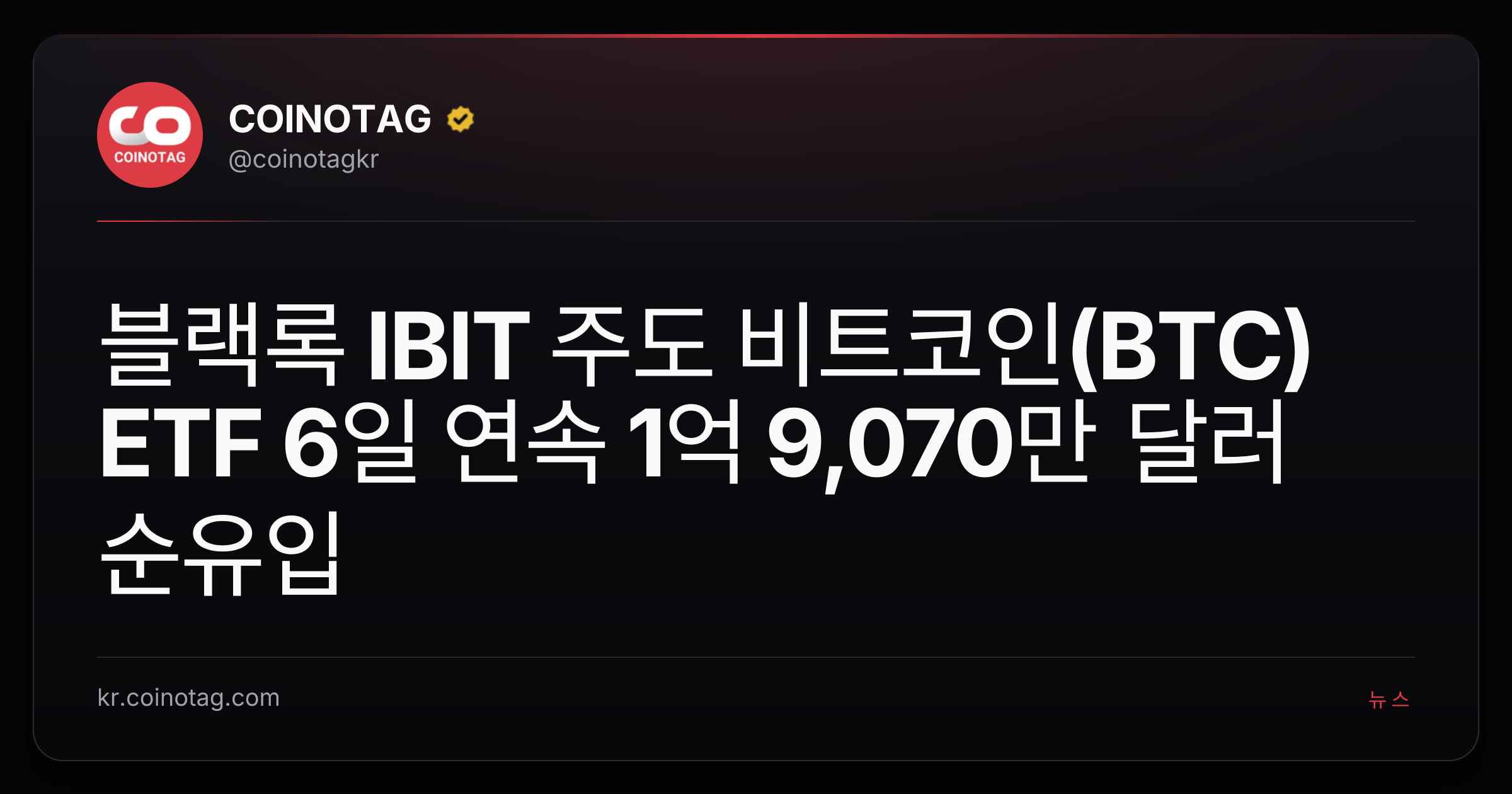 블랙록 IBIT 주도 비트코인(BTC) ETF 6일 연속 1억 9,070만 달러 순유입