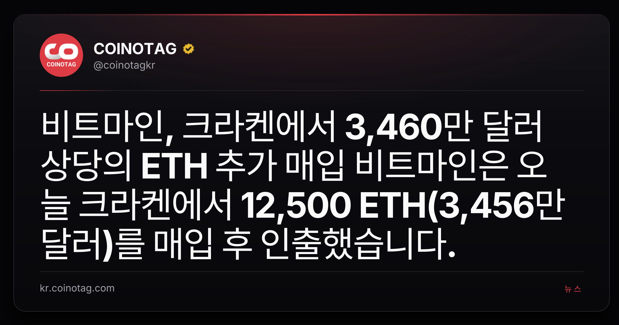 비트마인, 크라켄에서 3,460만 달러 상당의 ETH 추가 매입
비트마인은 오늘 크라켄에서 12,500 ETH(3,456만 달러)를 매입 후 인출했습니다.