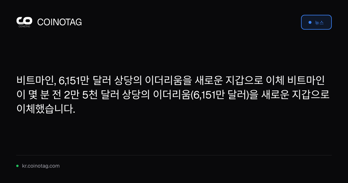 비트마인, 6,151만 달러 상당의 이더리움을 새로운 지갑으로 이체
비트마인이 몇 분 전 2만 5천 달러 상당의 이더리움(6,151만 달러)을 새로운 지갑으로 이체했습니다.
