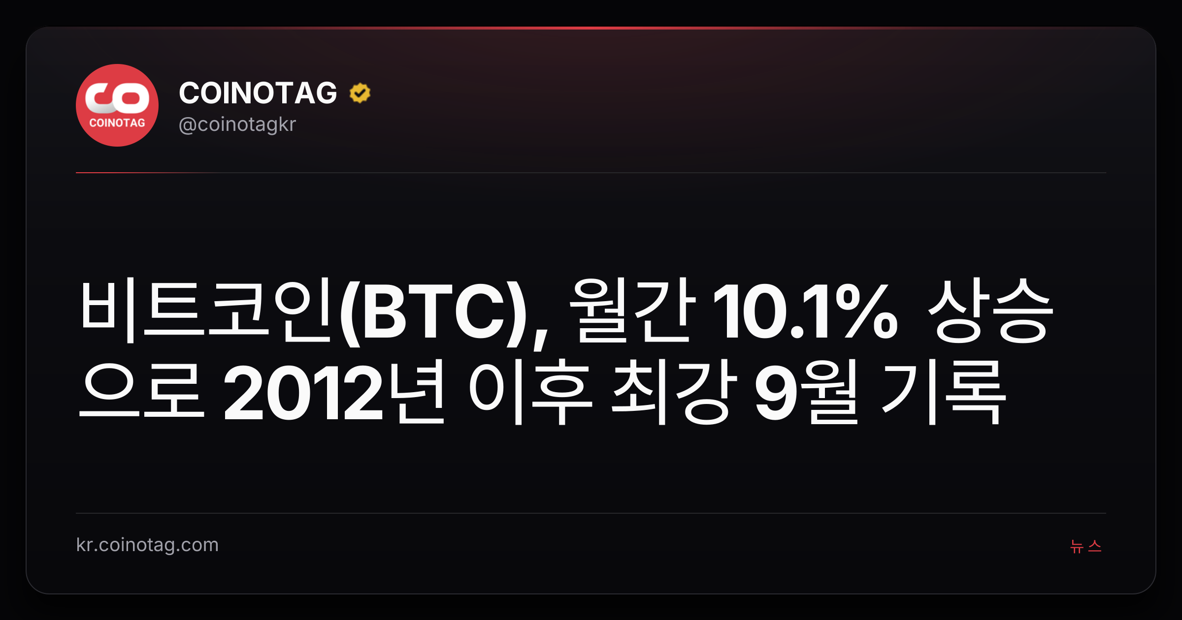 비트코인(BTC), 월간 10.1% 상승으로 2012년 이후 최강 9월 기록