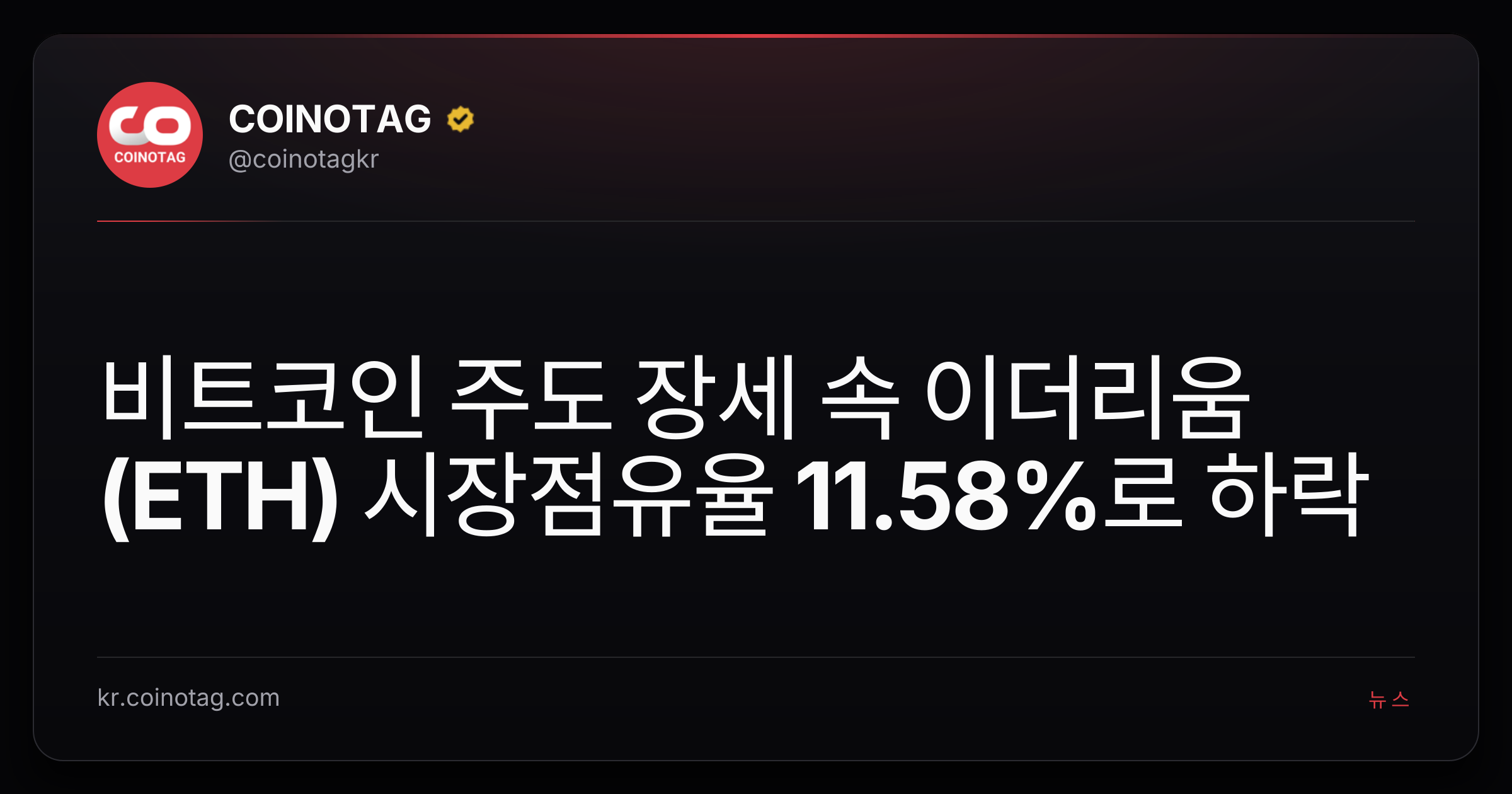 비트코인 주도 장세 속 이더리움(ETH) 시장점유율 11.58%로 하락