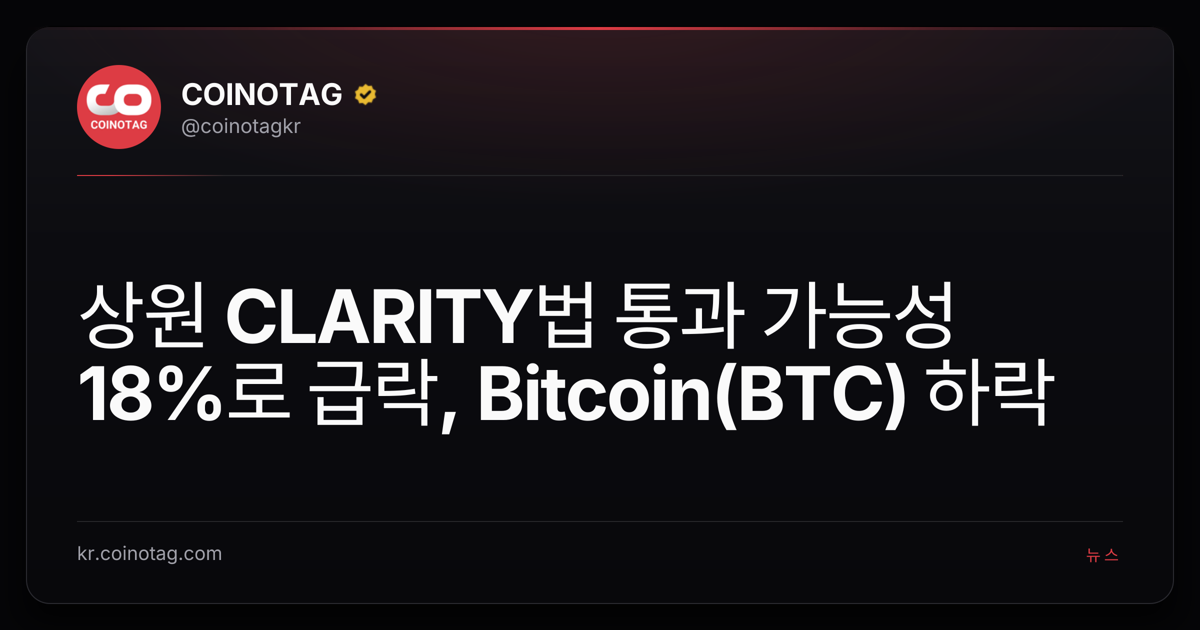 상원 CLARITY법 통과 가능성 18%로 급락, Bitcoin(BTC) 하락