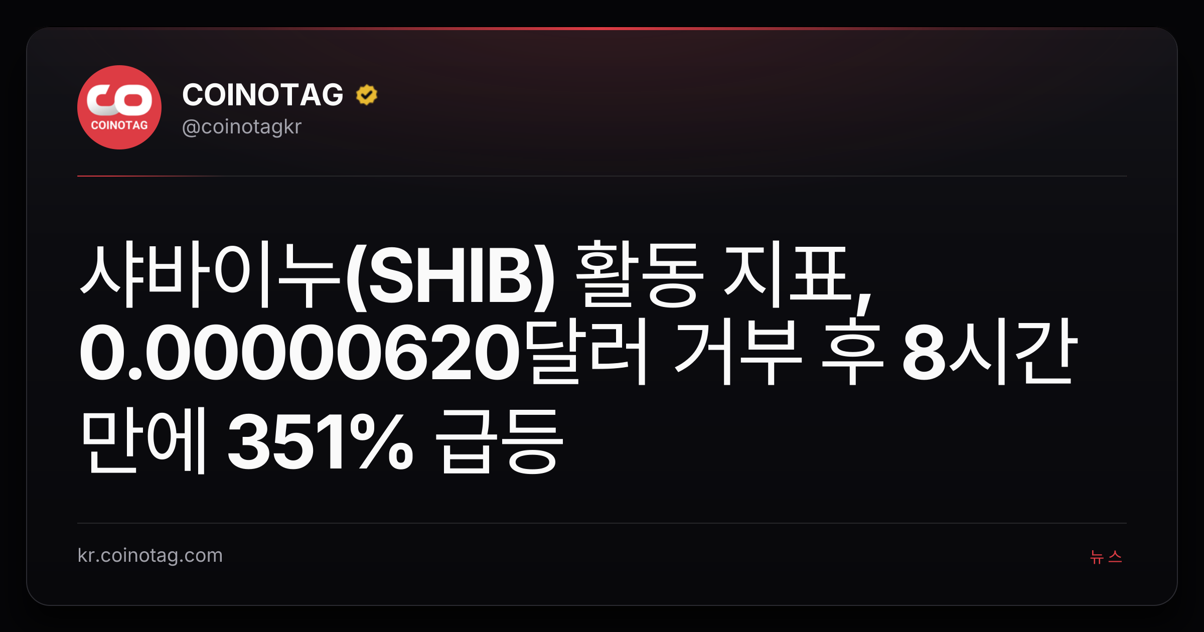 샤바이누(SHIB) 활동 지표, 0.00000620달러 거부 후 8시간 만에 351% 급등