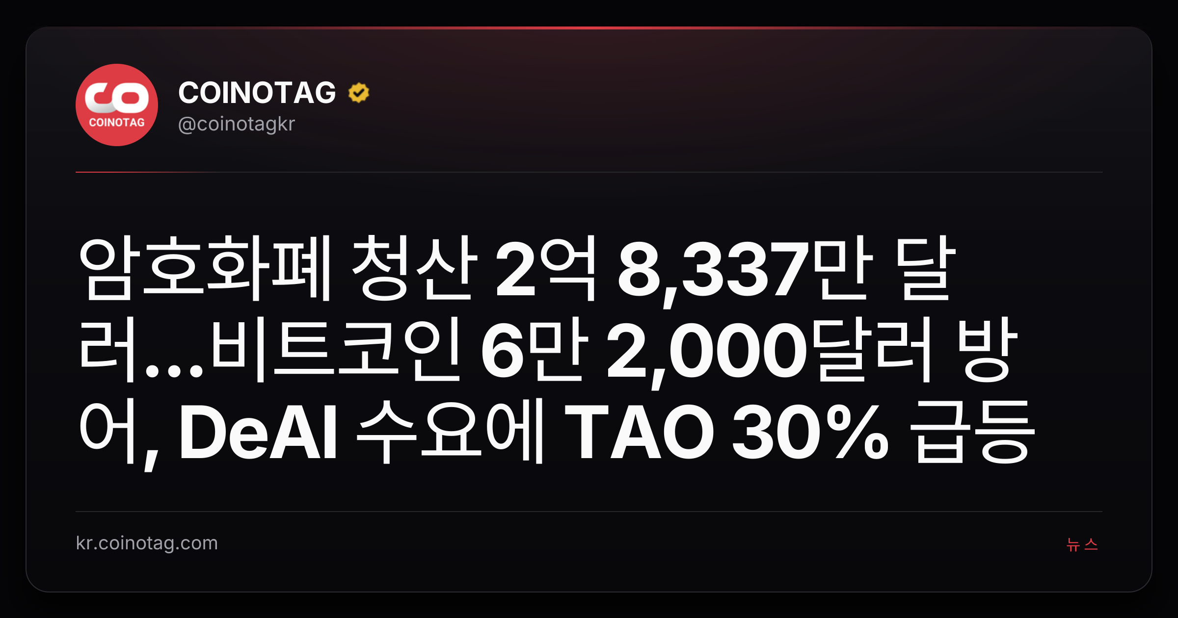 암호화폐 청산 2억 8,337만 달러...비트코인 6만 2,000달러 방어, DeAI 수요에 TAO 30% 급등