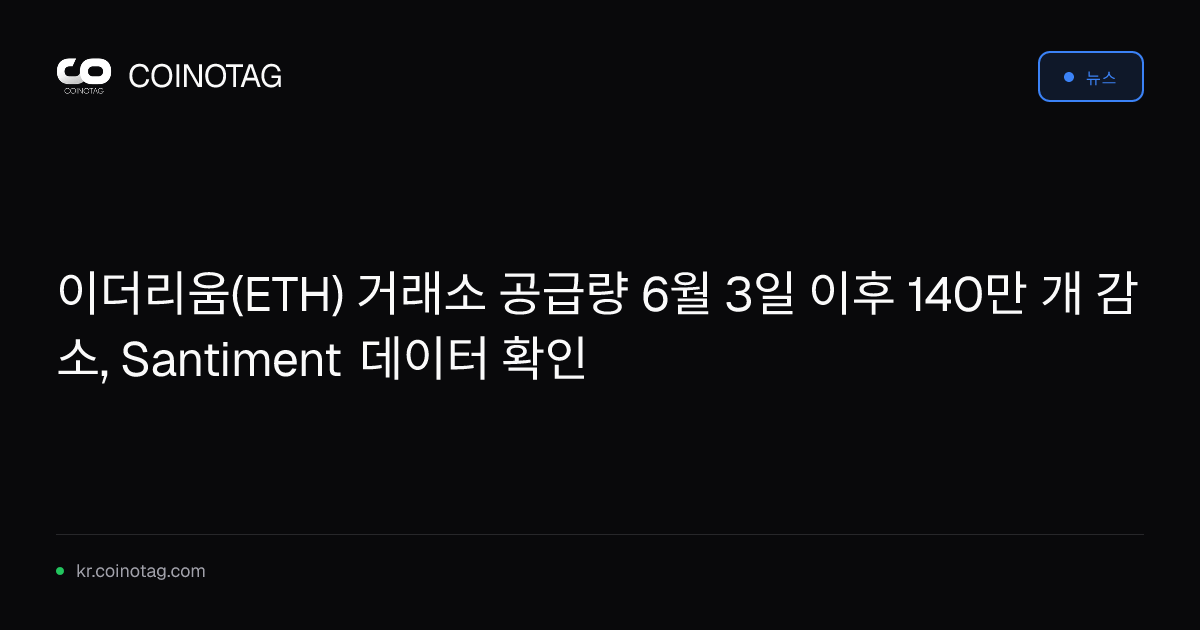 이더리움(ETH) 거래소 공급량 6월 3일 이후 140만 개 감소, Santiment 데이터 확인