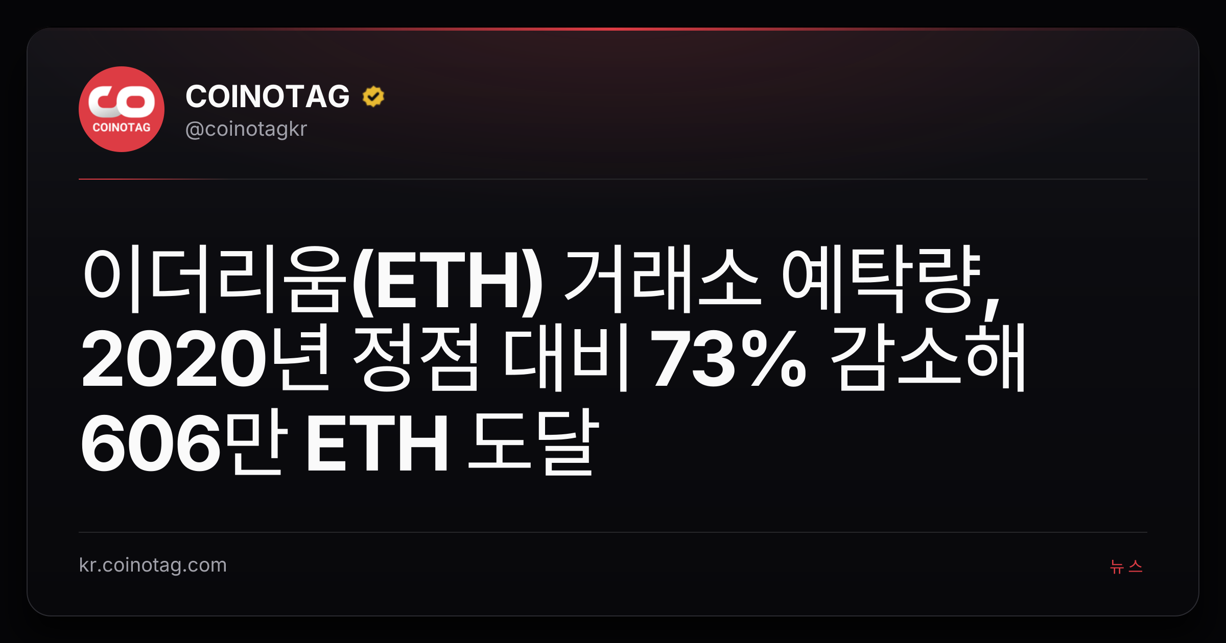 이더리움(ETH) 거래소 예탁량, 2020년 정점 대비 73% 감소해 606만 ETH 도달