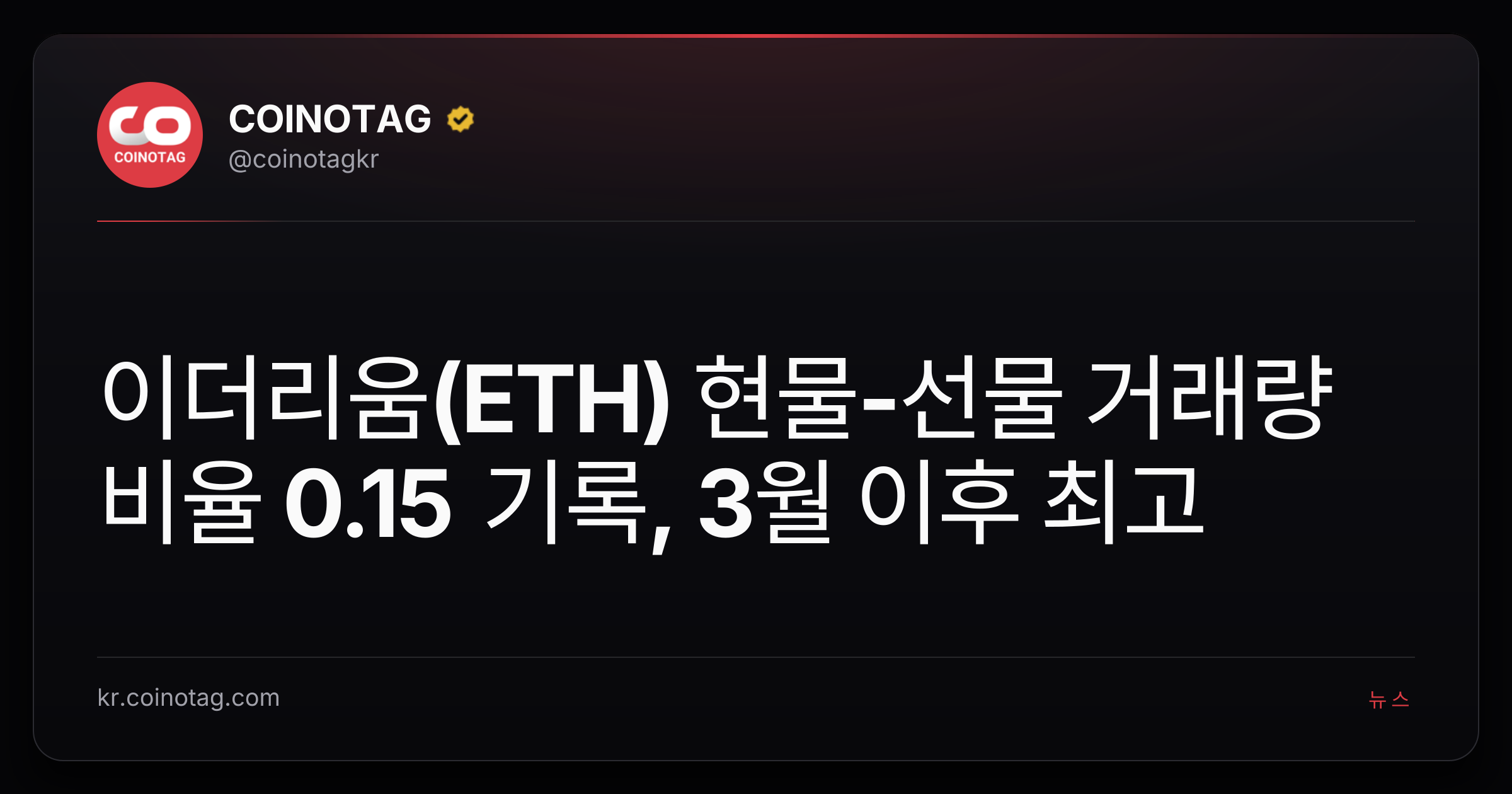 이더리움(ETH) 현물-선물 거래량 비율 0.15 기록, 3월 이후 최고