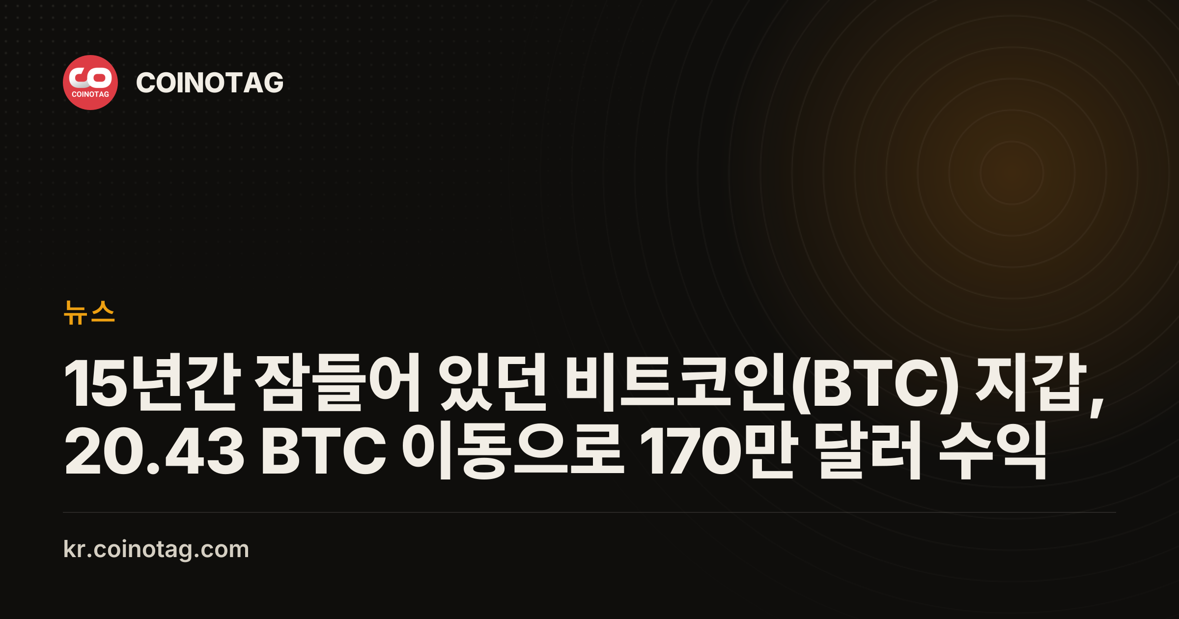15년간 잠들어 있던 비트코인(BTC) 지갑, 20.43 BTC 이동으로 170만 달러 수익