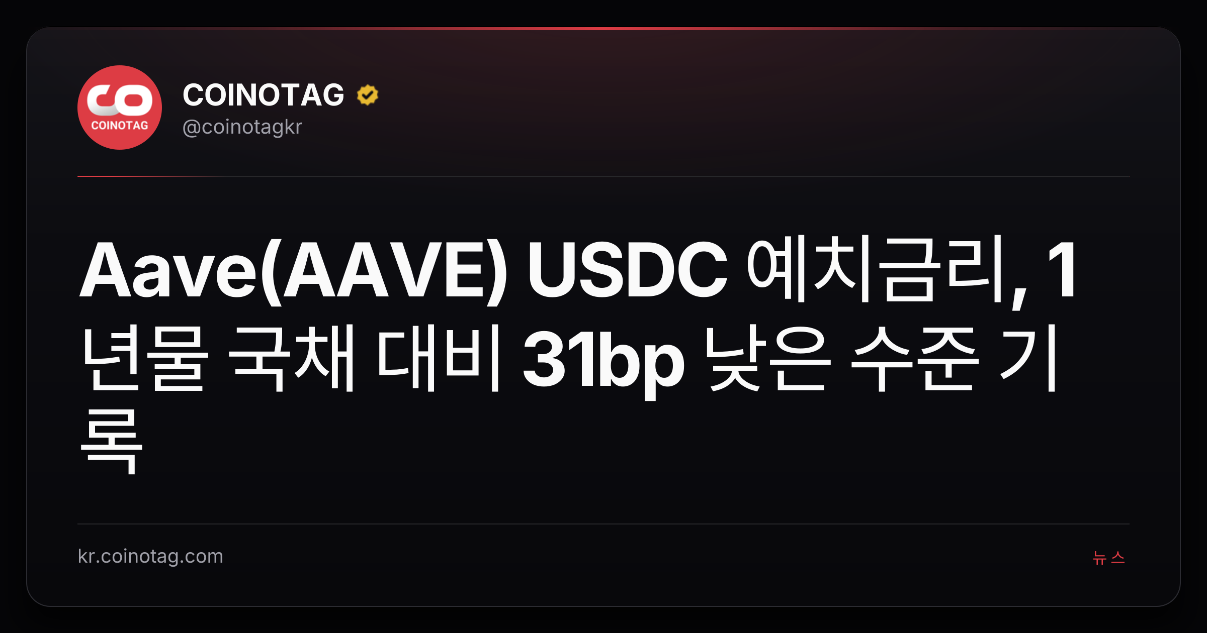 Aave(AAVE) USDC 예치금리, 1년물 국채 대비 31bp 낮은 수준 기록