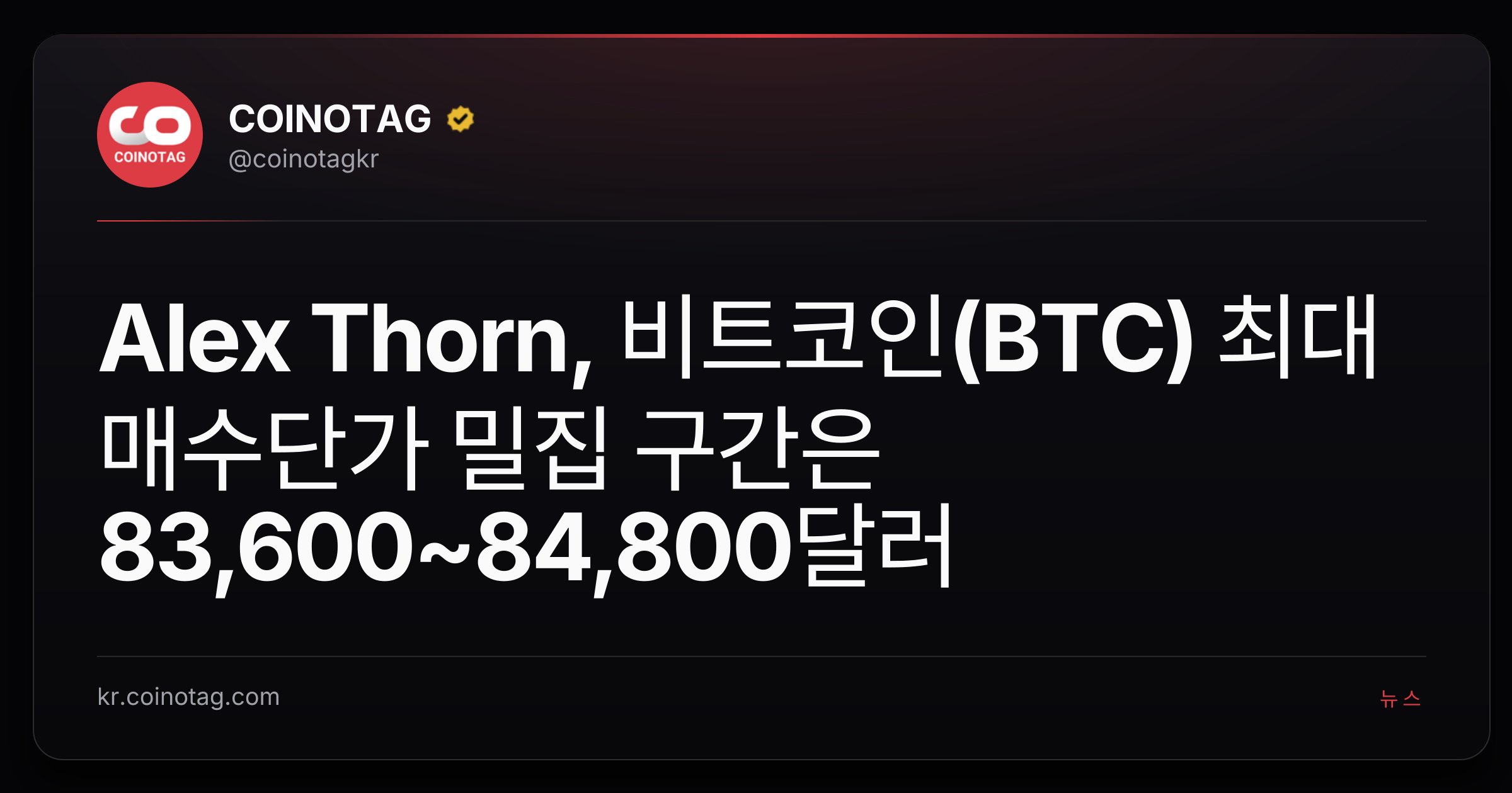 Alex Thorn, 비트코인(BTC) 최대 매수단가 밀집 구간은 83,600~84,800달러