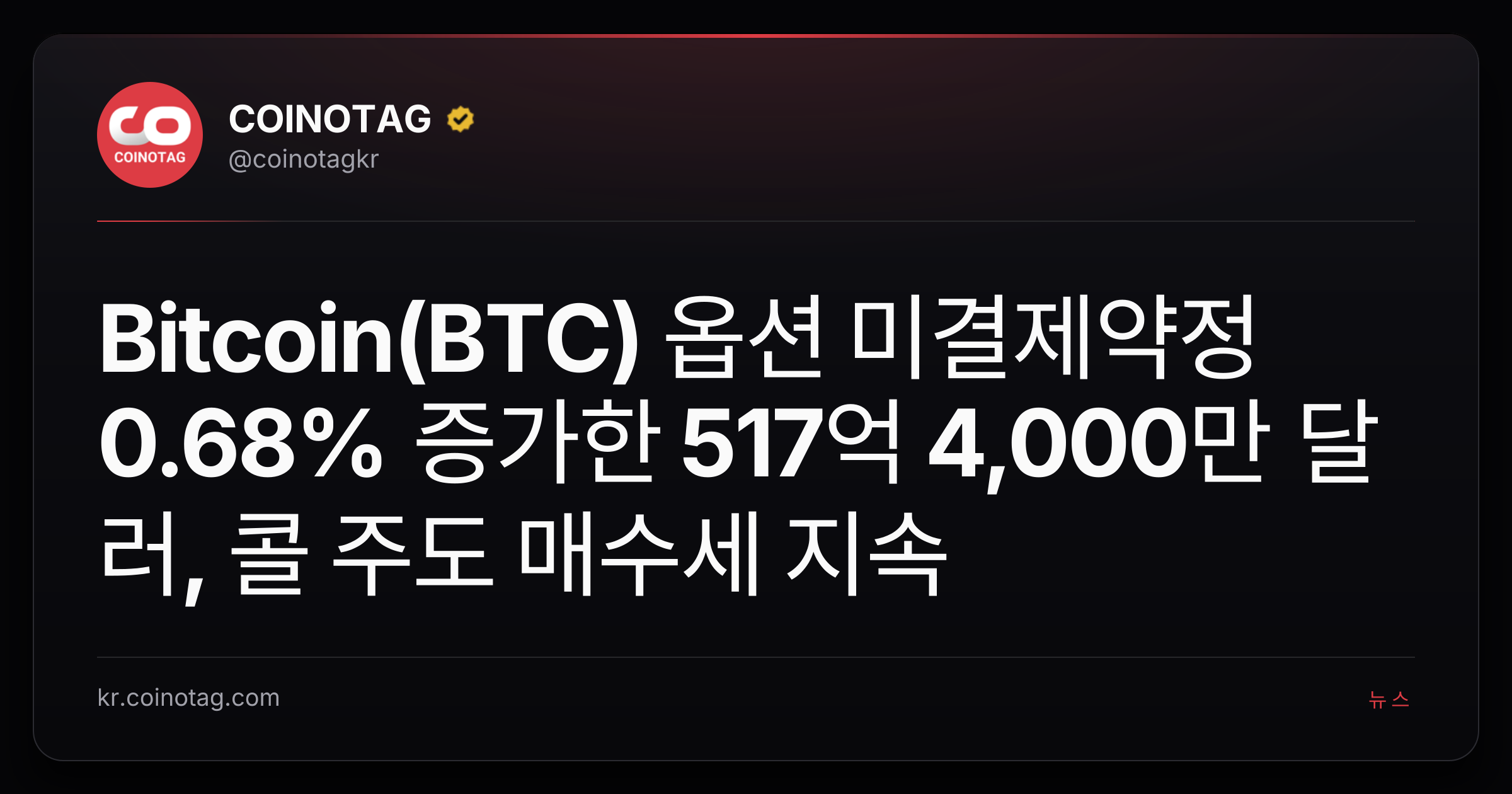 Bitcoin(BTC) 옵션 미결제약정 0.68% 증가한 517억 4,000만 달러, 콜 주도 매수세 지속