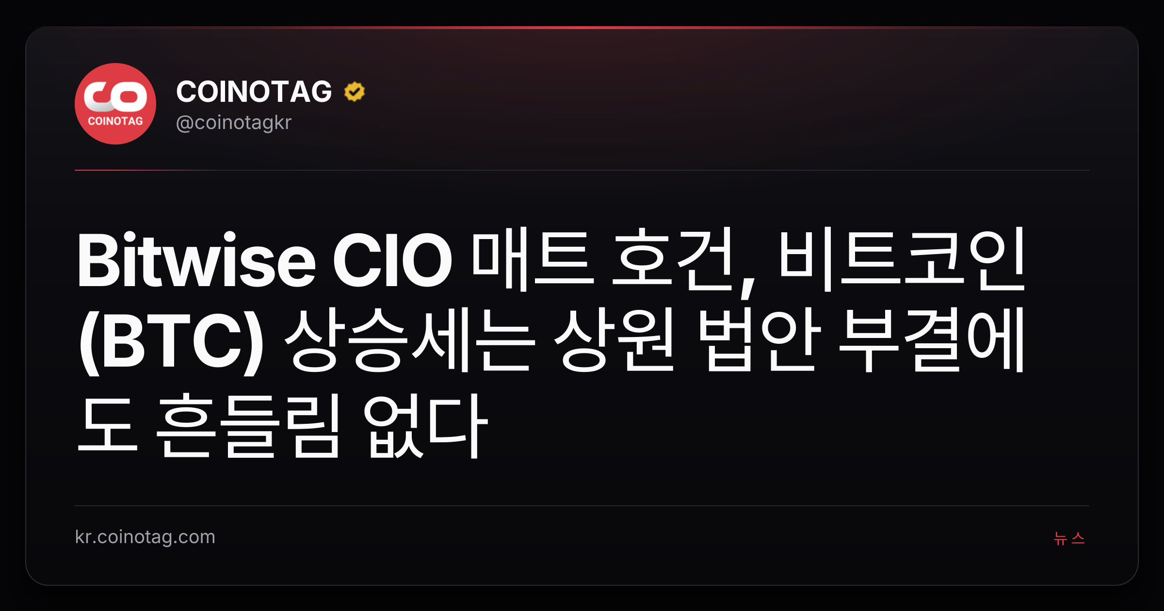 Bitwise CIO 매트 호건, 비트코인(BTC) 상승세는 상원 법안 부결에도 흔들림 없다
