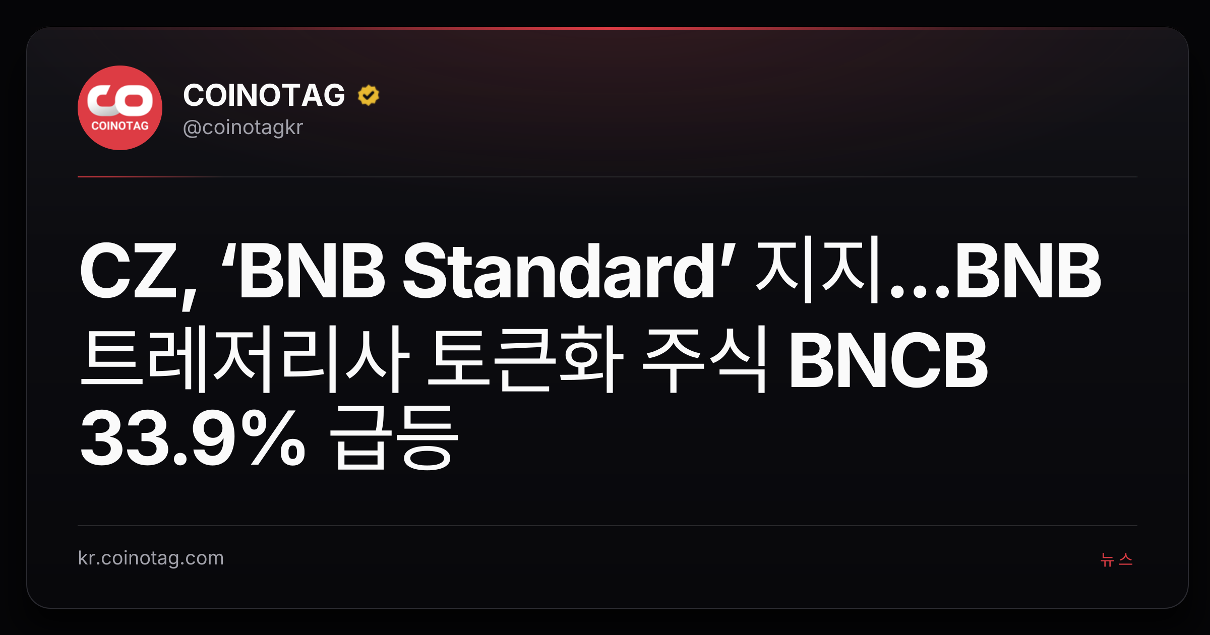 CZ, ‘BNB Standard’ 지지...BNB 트레저리사 토큰화 주식 BNCB 33.9% 급등