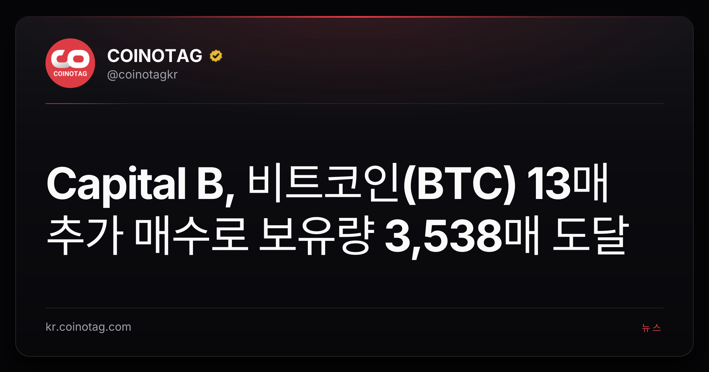 Capital B, 비트코인(BTC) 13매 추가 매수로 보유량 3,538매 도달
