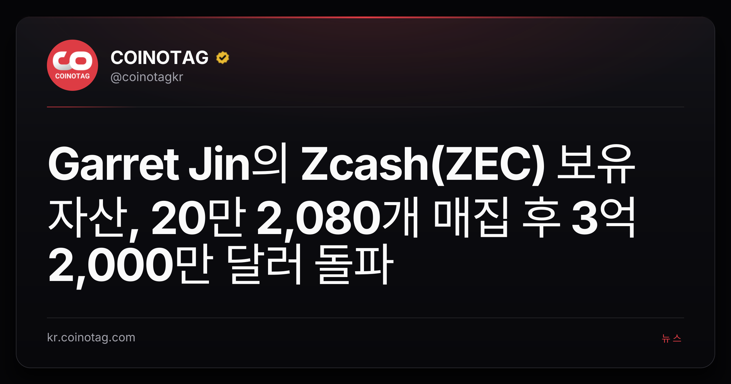 Garret Jin의 Zcash(ZEC) 보유 자산, 20만 2,080개 매집 후 3억 2,000만 달러 돌파