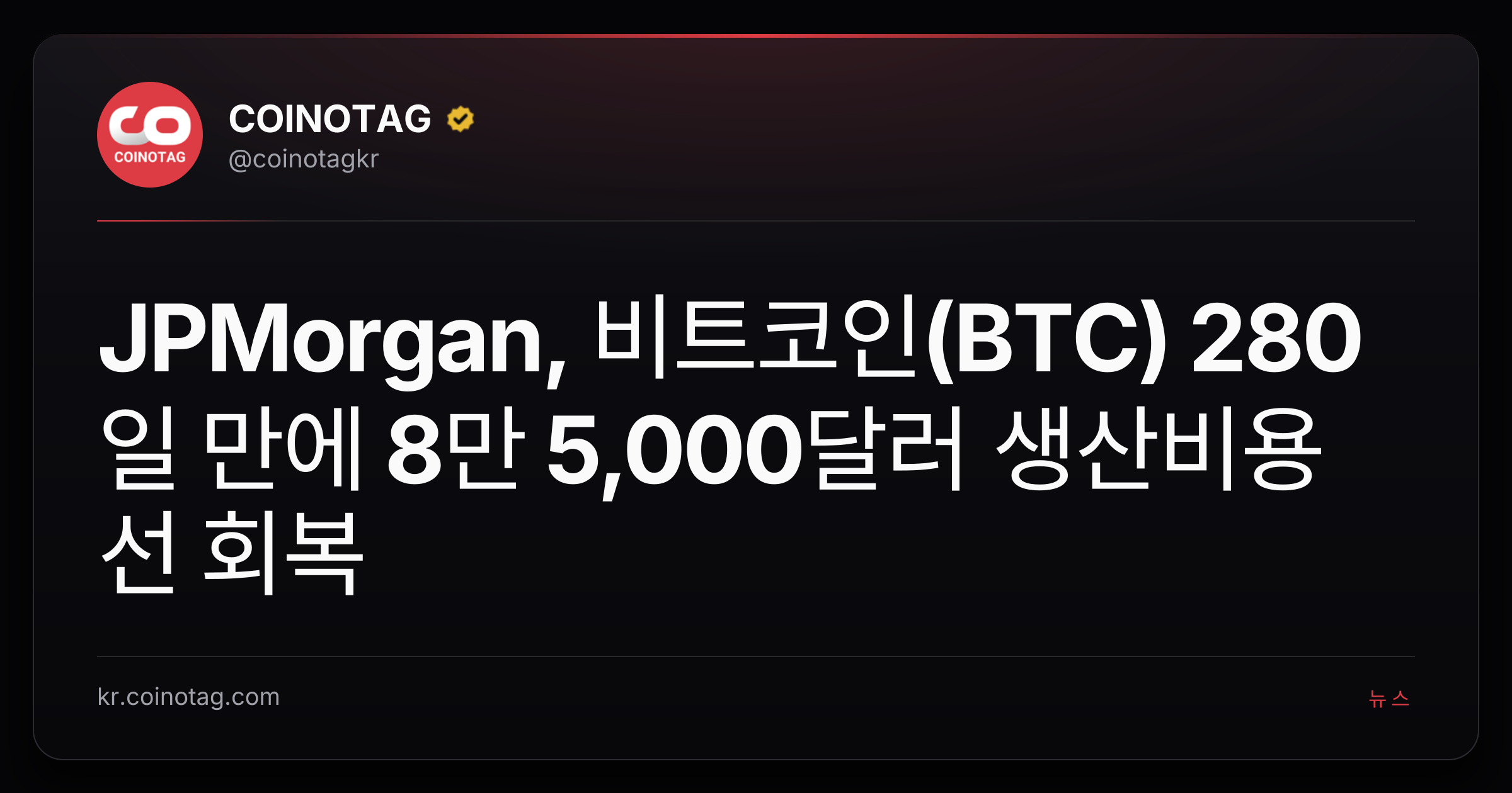 JPMorgan, 비트코인(BTC) 280일 만에 8만 5,000달러 생산비용선 회복