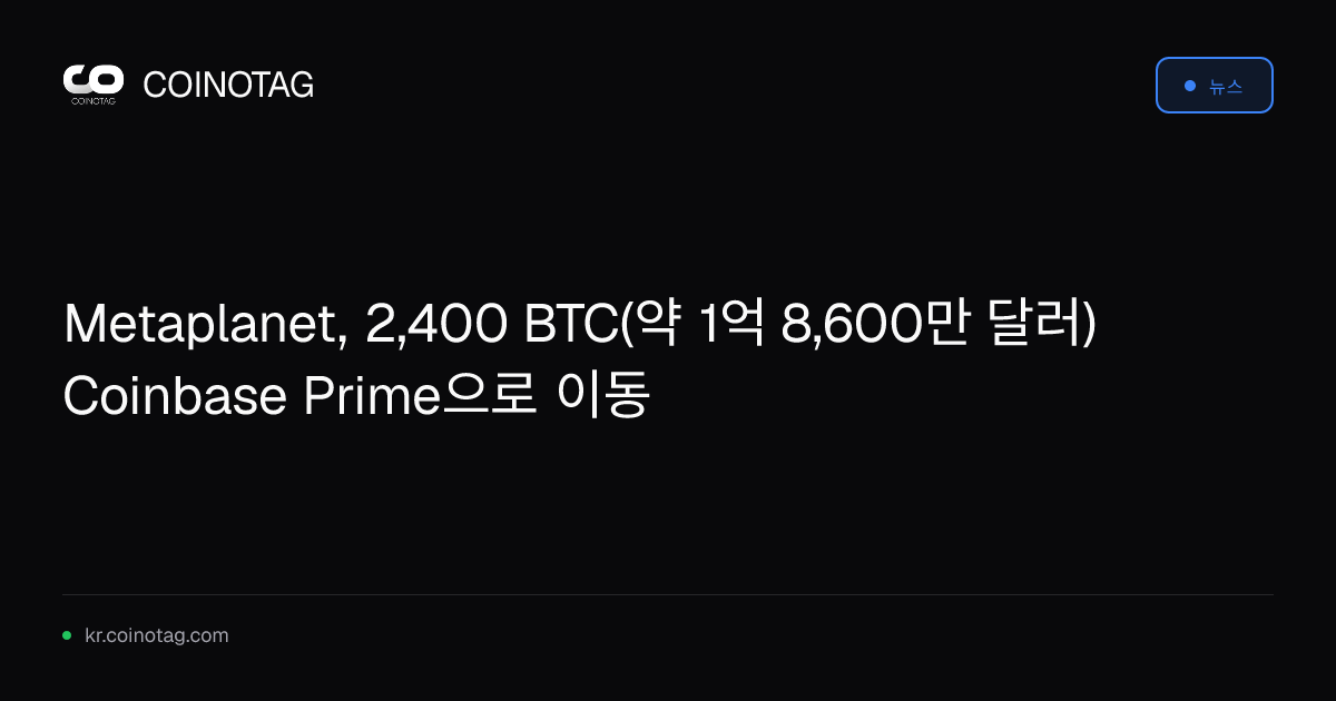 Metaplanet, 2,400 BTC(약 1억 8,600만 달러) Coinbase Prime으로 이동