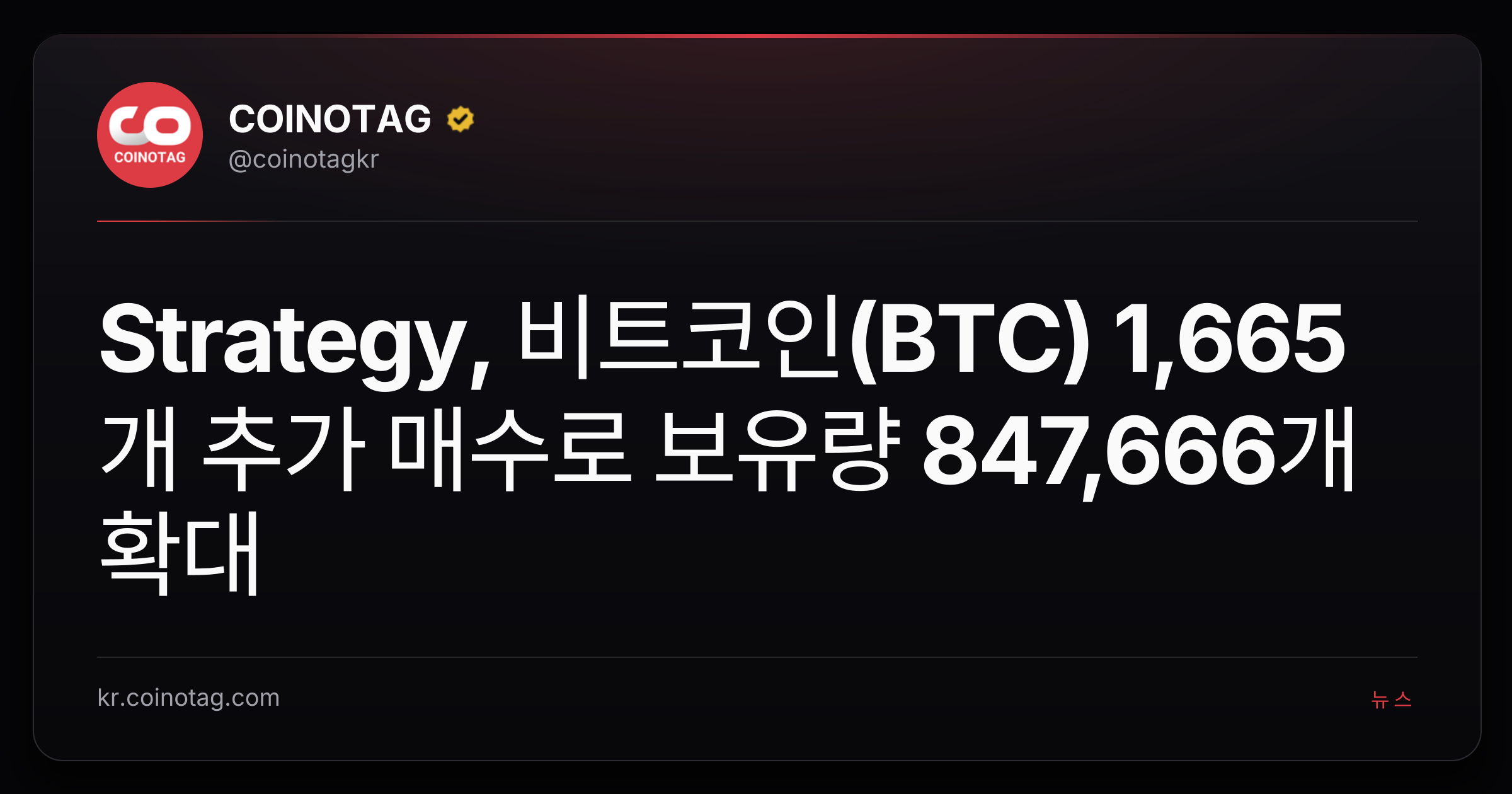 Strategy, 비트코인(BTC) 1,665개 추가 매수로 보유량 847,666개 확대