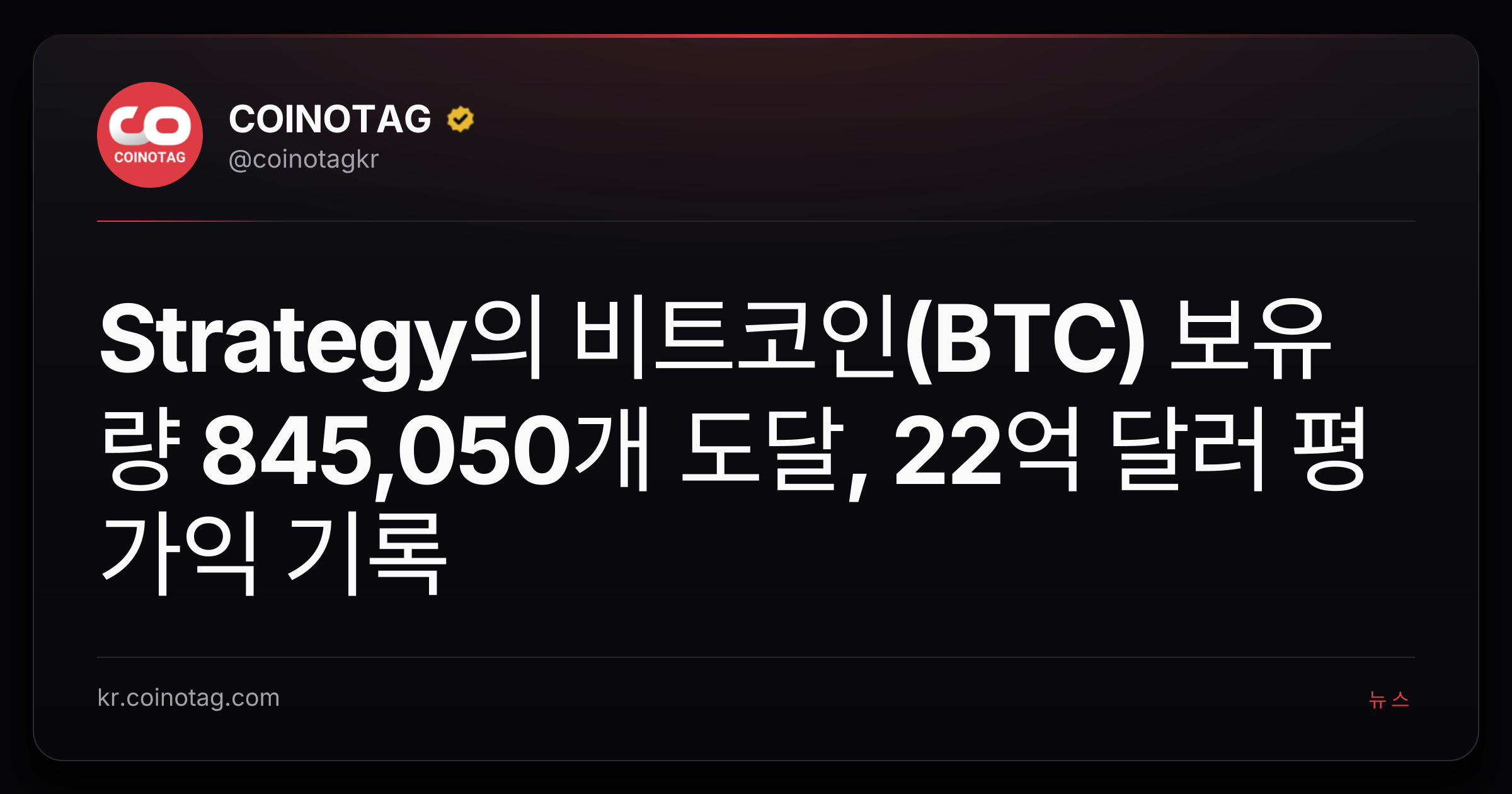 Strategy의 비트코인(BTC) 보유량 845,050개 도달, 22억 달러 평가익 기록