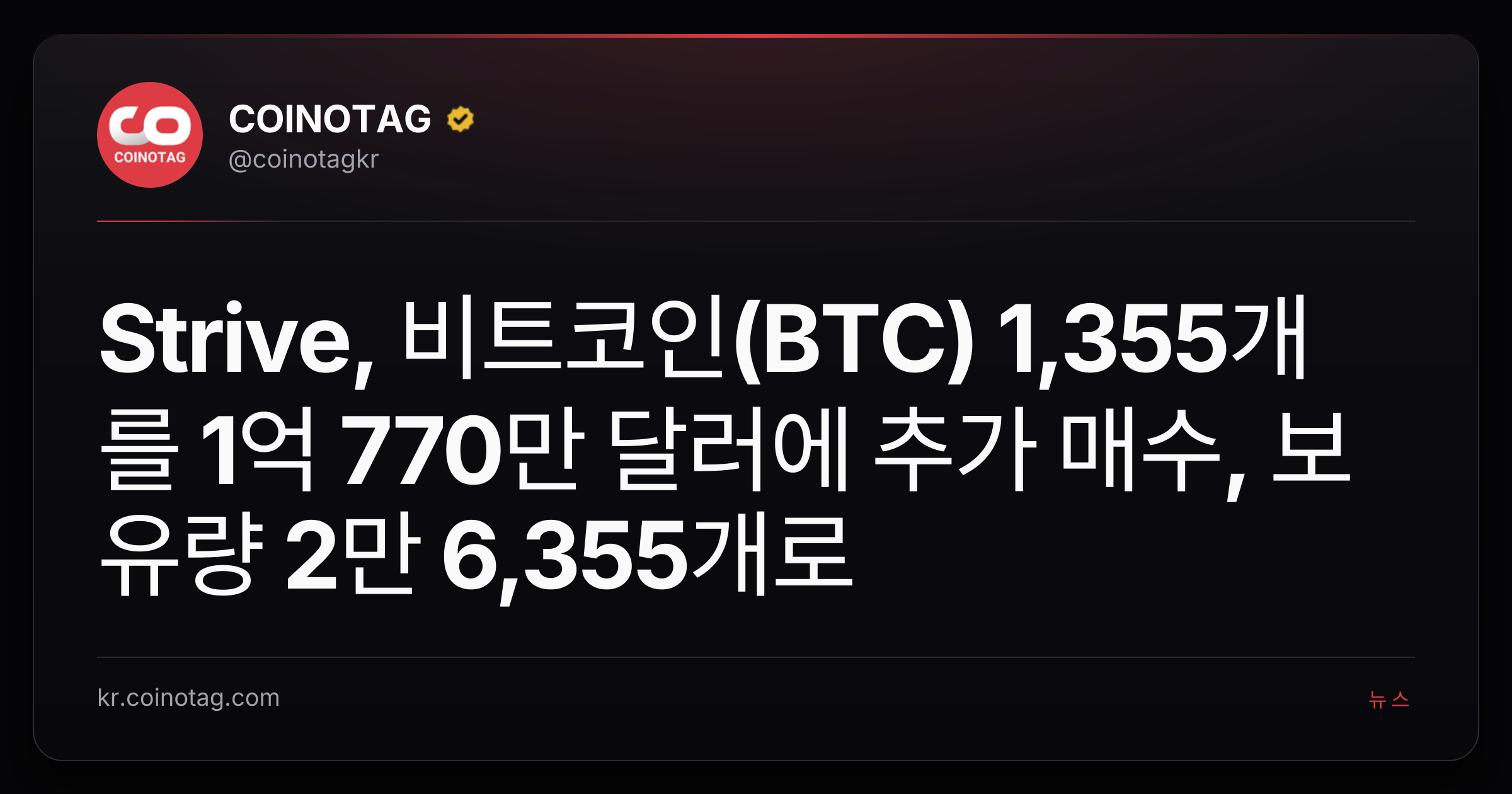 Strive, 비트코인(BTC) 1,355개를 1억 770만 달러에 추가 매수, 보유량 2만 6,355개로