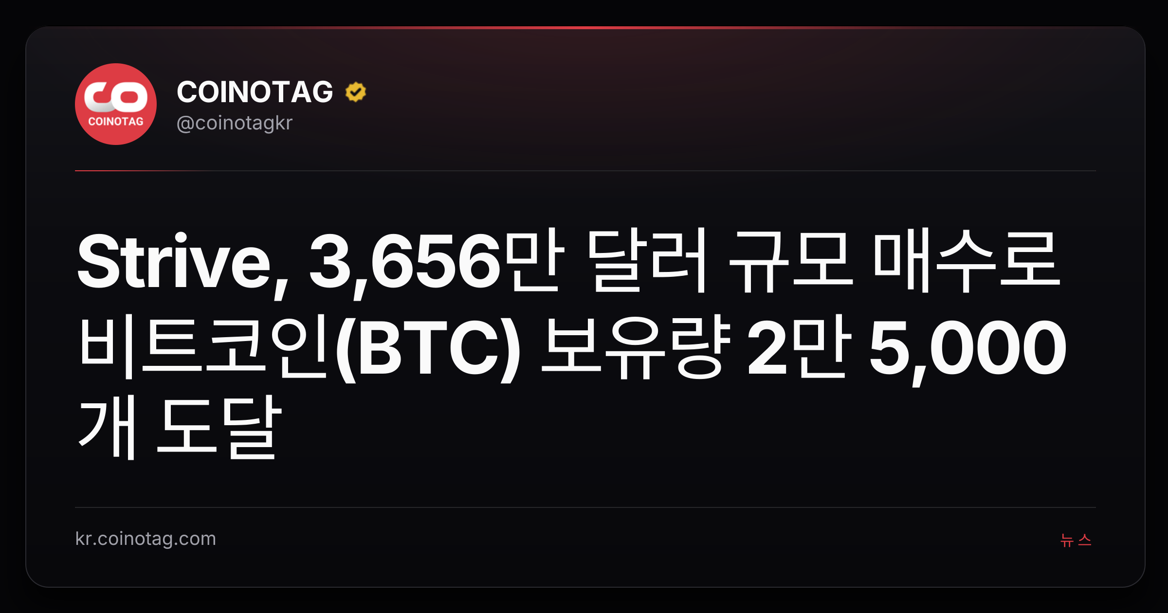 Strive, 3,656만 달러 규모 매수로 비트코인(BTC) 보유량 2만 5,000개 도달