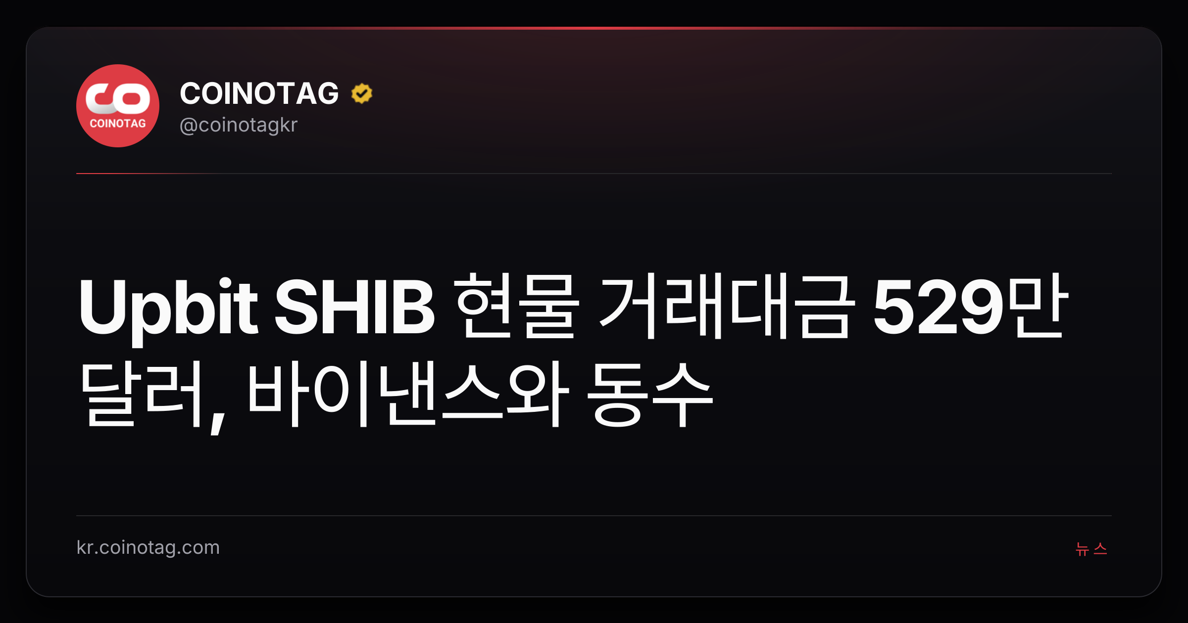 Upbit SHIB 현물 거래대금 529만 달러, 바이낸스와 동수