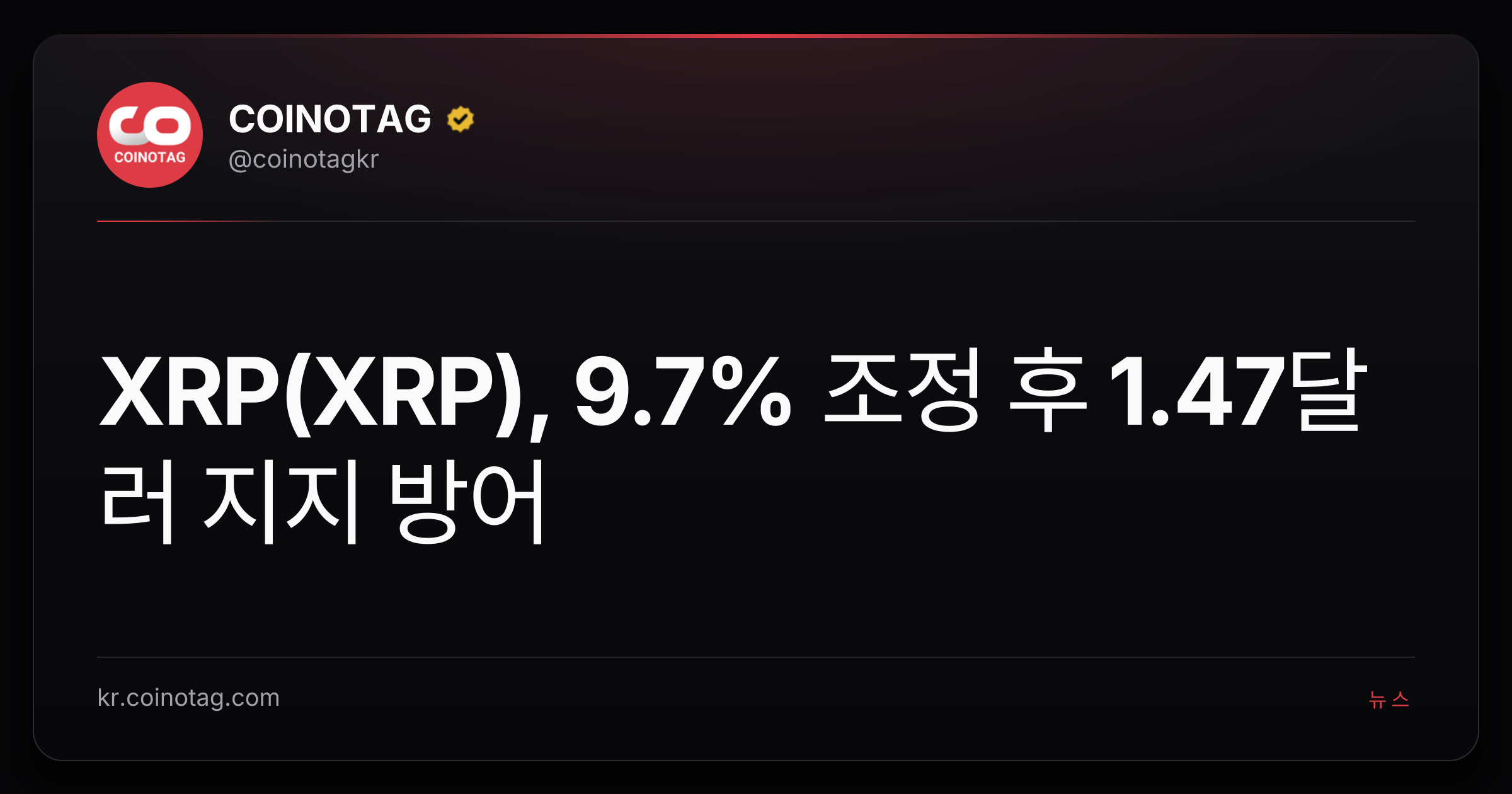 XRP(XRP), 9.7% 조정 후 1.47달러 지지 방어