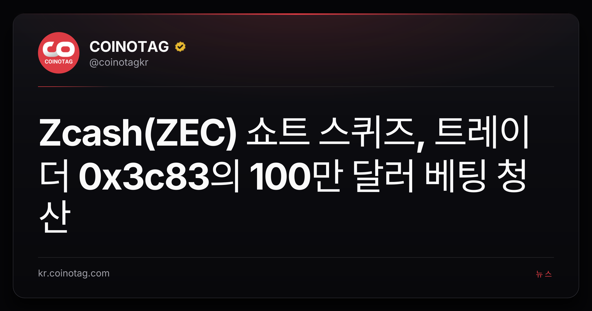 Zcash(ZEC) 쇼트 스퀴즈, 트레이더 0x3c83의 100만 달러 베팅 청산